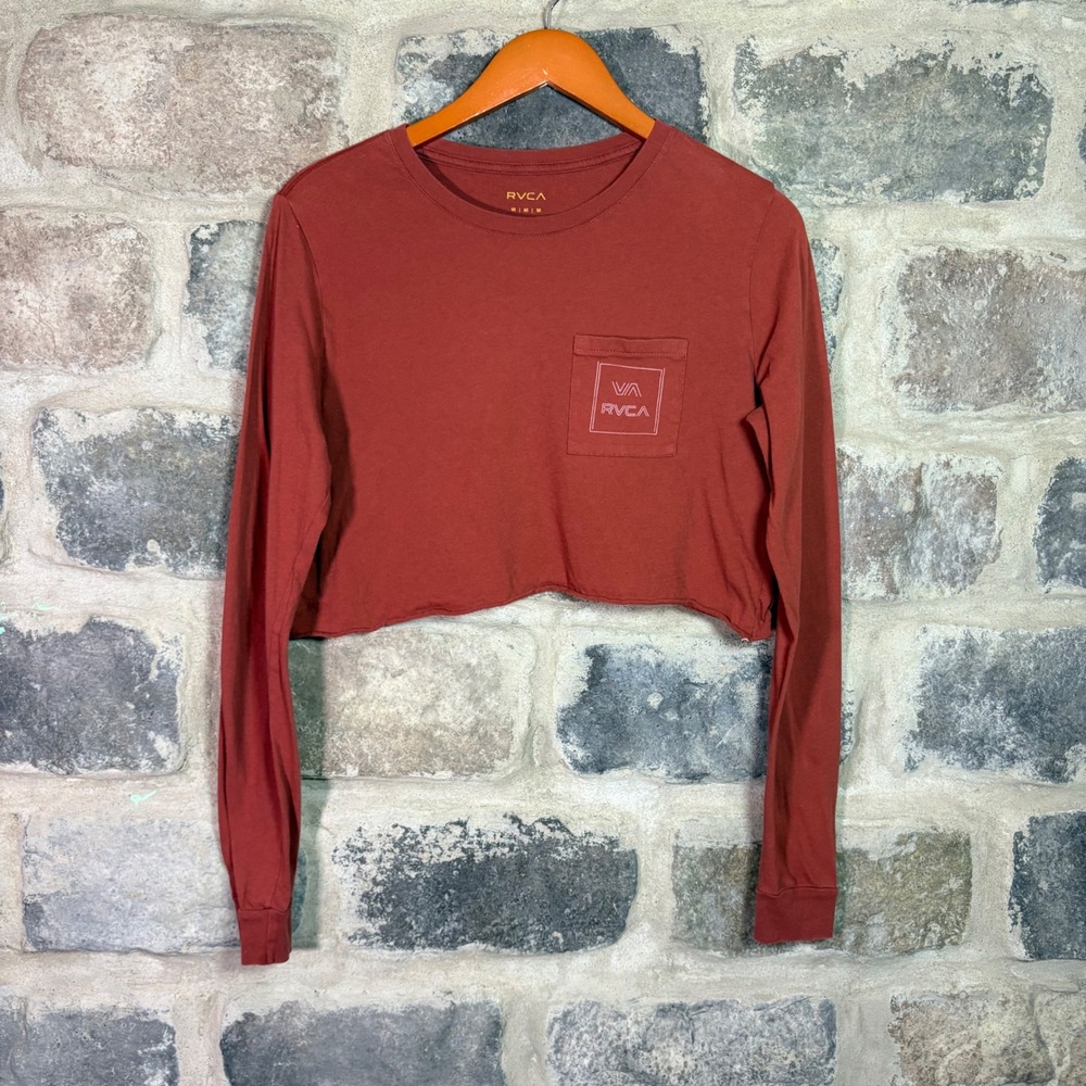 RVCA Womens Burnt Orange Long Sleeve Cropped‎ Graphic Pocket T-Shirt Size Medium